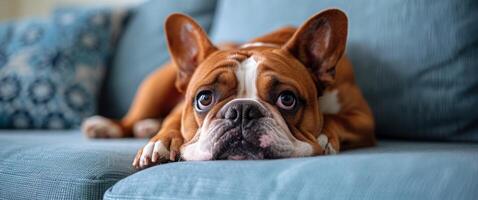 brun och vit hund om på blå soffa foto
