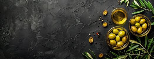 oliver och oliv olja i skålar på en svart bakgrund foto