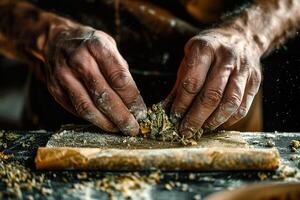 närbild av händer rullande en medicinsk cannabis gemensam. foto