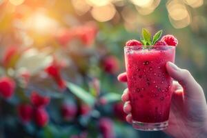 hand innehav en uppfriskande jordgubb smoothie garnerad med färsk mynta löv. foto