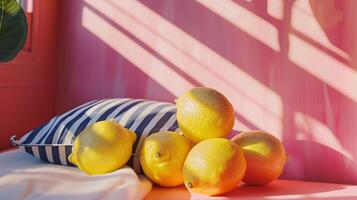 sida se av en vibrerande fortfarande liv med citroner och en randig kudde på en tabell, uppsättning mot en rosa vägg bakgrund, genererad ai foto