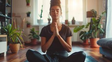 en kvinna är Sammanträde på en yoga matta i en rum med växter praktiserande yoga poser och uppmärksam meditation foto