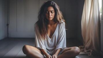 kvinna i depression med förvirrad tankar i henne sinne. depression, ensamhet och mental hälsa begrepp. foto