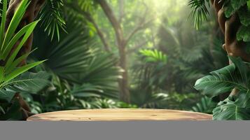 trä- podium i tropisk skog för produkt presentation och grön bakgrund foto