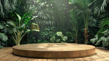 trä- podium i tropisk skog för produkt presentation och grön bakgrund foto