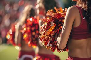 Foto av skön och ung flickor cheerleaders med färgad pompoms i deras händer för aktiva Stöd av sporter team