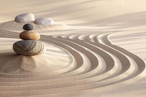 de atmosfär av meditation och lugn är förmedlas förbi de vågor på de sand och zen stenar. foto