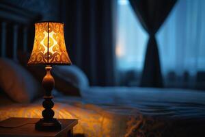 mysigt lampa stående på de bedside tabell skapar en trevlig atmosfär i de rum innan säng. foto
