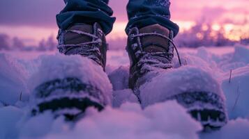 vandrarens stövlar inbäddad i färsk snö med skymningen rosa ljus Bakom. foto