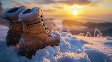 snöladdade stövlar på en frostig sluttning sola i gyllene soluppgång. foto