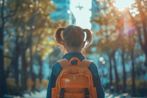 ung flicka med orange ryggsäck ser på stad byggnader foto
