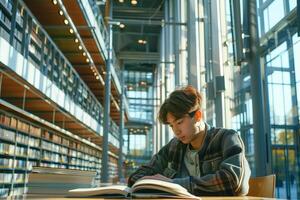 ung manlig studerande studerar i universitet bibliotek. caucasian man läsning lärobok, Sammanträde förbi foto