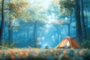 fördjupa själv i de lugn av natur med en camping bakgrund terar en suddig skog landskap och en tält, genererad ai foto