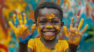 ung pojke med händer målad gul foto