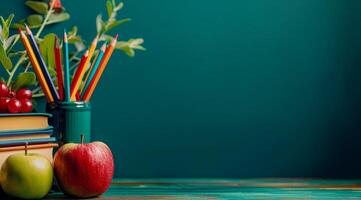böcker, äpplen, och pennor på tabell foto