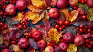 äpplen, bär, och löv anordnad i en mönster foto