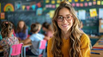 flicka med glasögon leende i klassrum foto