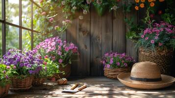 hatt och blommor på veranda foto