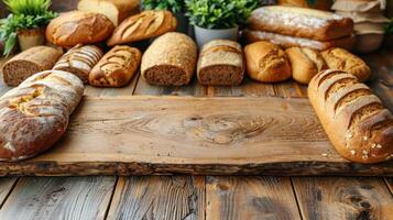 mängd av bröd på trä- tabell foto