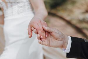 närbild av en mannens hand innehav en kvinnas hand. mild Rör. de brudgum innehar de hand av de brud foto
