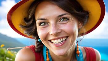 glad kvinna i en sommar hatt med en ljus leende, turkos örhängen, mot en suddig tropisk marinmålning bakgrund. foto