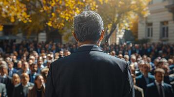 en manlig politiker leverera en Tal på en offentlig samling, tittade från Bakom, adressering en olika folkmassan i en parkera under de höst säsong. foto