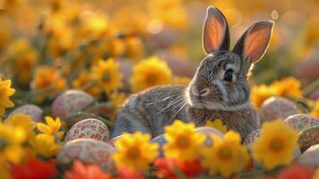 kanin Sammanträde i fält av rosa blommor foto