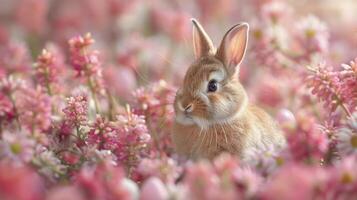 kanin Sammanträde i fält av rosa blommor foto