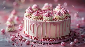 vit kaka med rosa glasyr och strössel foto