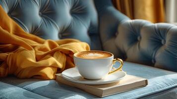 en kopp av kaffe på topp av en blå soffa foto
