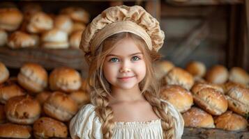 liten flicka stående i främre av bröd foto