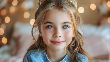 liten flicka bär tiara och leende foto
