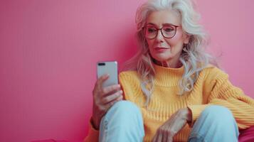 kvinna Sammanträde på rosa soffa innehav cell telefon foto