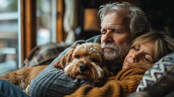 man och kvinna avkopplande på soffa med hund foto