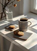 randig kaffe råna och småkakor på en vit bordsskiva med en se av en vinter- landskap foto