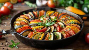 rostad vegetabiliska ratatouille i kasta järn stekpanna på trä- bordsskiva foto