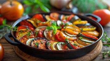 rostad vegetabiliska ratatouille i kasta järn stekpanna på trä- bordsskiva foto