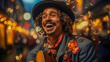 ai genererad glad musiker med lockigt hår spelar gitarr på en festlig gata. musik och firande begrepp. foto