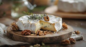 Brie ost med valnötter och honung på trä- skärande styrelse foto