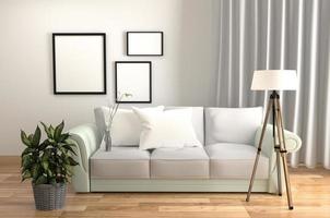 vardagsrum inredning vit stil - med soffa kuddar växter lampa och ramar - trägolv på vit vägg bakgrund. 3d-rendering foto