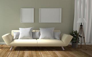 vardagsrum interiör med soffa och matta, trägolv på tom vit vägg bakgrund. 3d-rendering foto