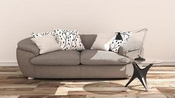vardagsrumsinredning med kudde på soffan och lampa på bordsglas, skandinavisk stil. 3d-rendering foto