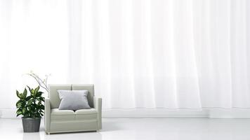 interiören har en soffa och växter på tom vit väggbakgrund. 3d-rendering foto