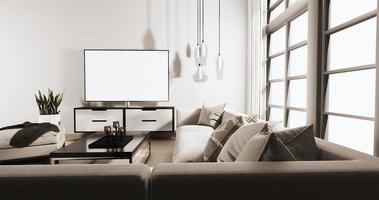 smart tv på skåp i vardagsrumsloftstil med vit vägg på trägolv och sofffåtölj. 3D-rendering foto