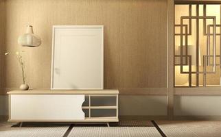interiör, skåp trä i modernt vardagsrum japan stil på vit vägg bakgrund, 3D-rendering foto