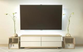 tv-skåp på zenrumsinredning och väggdesign dolt ljus, minimalistisk och zeninteriör i vardagsrummet i japansk stil.3D-rendering