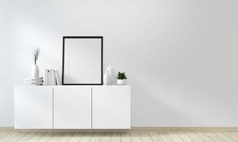 mock up affisch idé om skåp vitt på vägg och golv trärum modern zen style.3d rendering foto