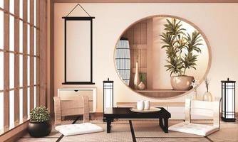 ryokan mycket zen-rum med väggdesign i trähylla och tatamigolv, rumsjordfärg. 3D-rendering foto