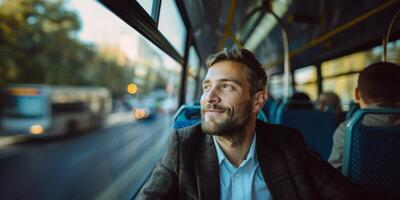 en stilig man i hans sent trettiotalet sittande förbi de buss fönster. reser man på de buss. pendling till arbete förbi buss. foto