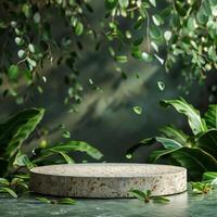 naturlig sten och betong podium i frodig grön bakgrund av växter och löv. vit marmor produkt podium. foto